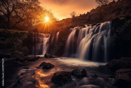 The beauty of the waterfall with the sunrise in the morning, long exposure. generative ai