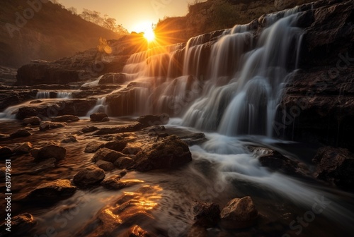 The beauty of the waterfall with the sunrise in the morning, long exposure. generative ai © LivroomStudio