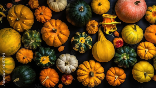 Colorful varieties of pumpkins and squashes. Autumn bottom border banner of pumpkins and fall decor on a rustic wood background with copy space. Halloween theme. generative ai