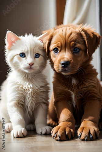 Brown baby puppy with a white baby cat together. 