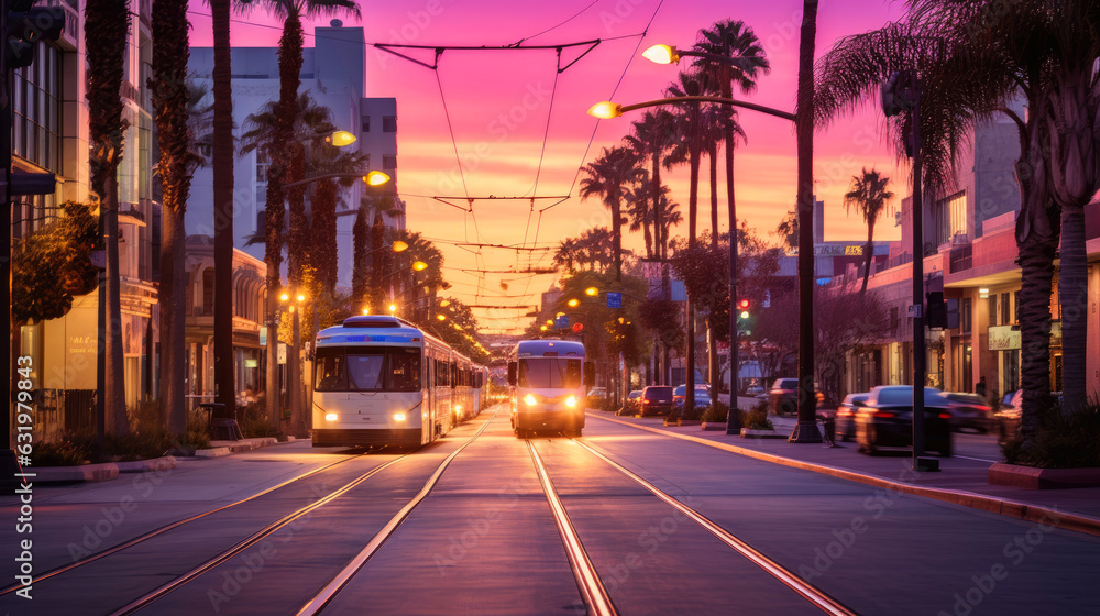 Los Angeles street in a pink light, sunset. Generative AI