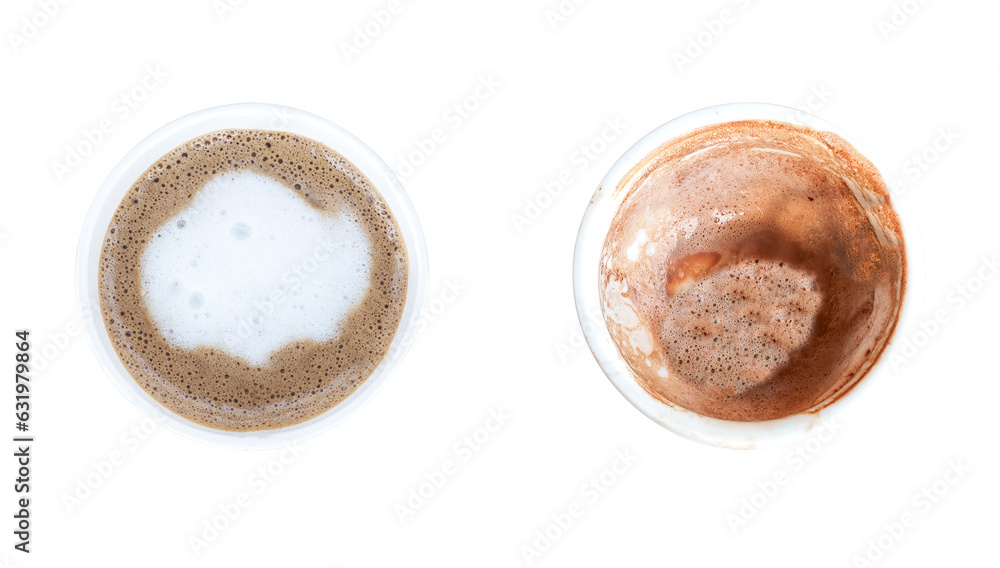 Top view mocha coffee and empty coffee cup Top view mocha coffee and empty coffee cup