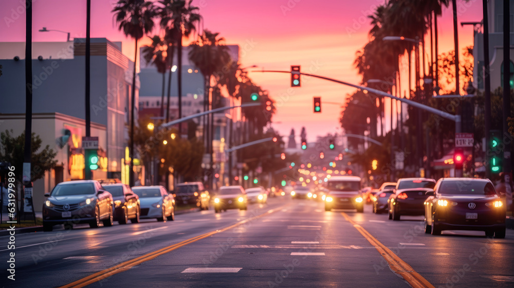 Los Angeles street in a pink light, sunset. Generative AI