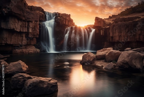 The beauty of the waterfall with the sunrise in the morning  long exposure. generative ai
