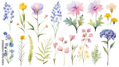 Watercolor set with garden flowers. Flat cartoon illustration isolated on white background