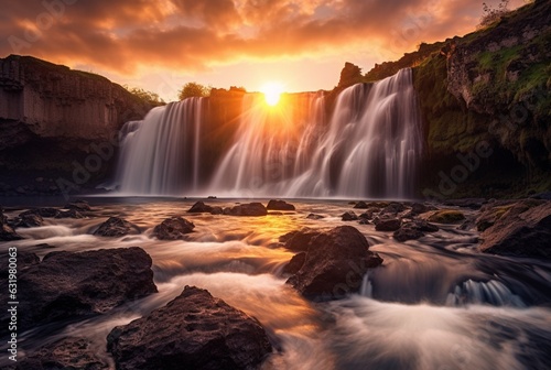 The beauty of the waterfall with the sunrise in the morning  long exposure. generative ai