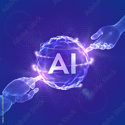 AI. Artificial Intelligence. Hands of Robot and Human touching sphere grid wave with binary code. Artificial Intelligence and Machine Learning technology concept. Neural networks. Vector illustration.
