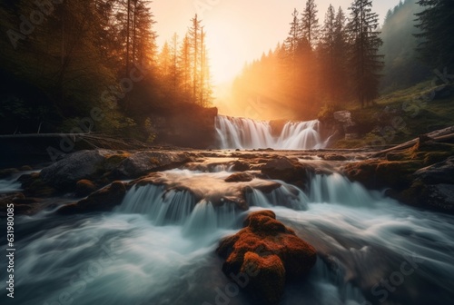 The beauty of the waterfall with the sunrise in the morning, long exposure. generative ai