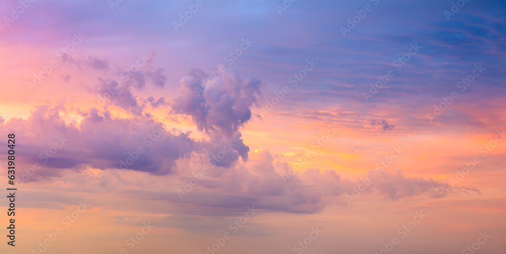 Real sky - Majestic sunrise sundown sky with gentle colorful clouds without birds. Real sky.