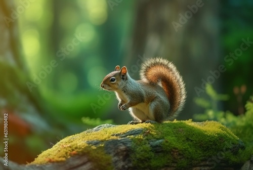 Squirrel on green mossy rock with blurred background. generative ai © LivroomStudio