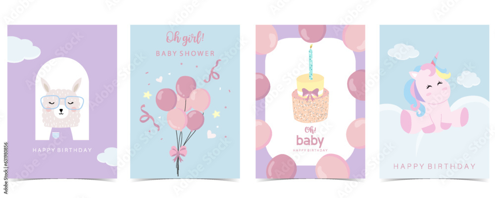 Baby shower invitation card for girl with balloon, cloud,sky, pink,unicorn