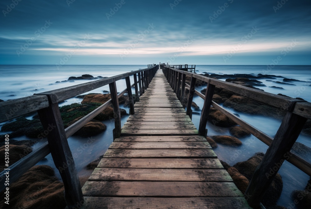 Fototapeta premium Wooden bridge with the beauty of the beach, long exposure. generative ai