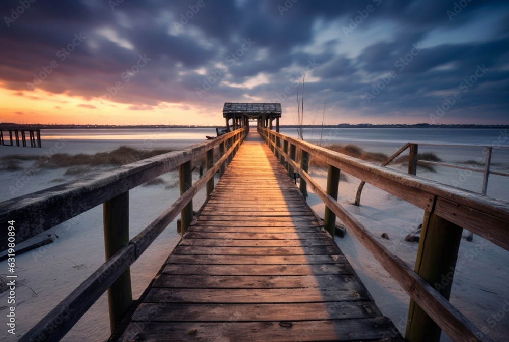 Fototapeta premium Wooden bridge with the beauty of the beach, long exposure. generative ai