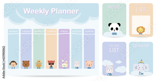 cute weekly planner background with cloud,animal.Vector illustration for kid and baby.Editable element