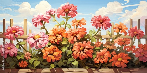 illustration of oil painting of beautiful pimrose bush on wooden fence, generative AI photo