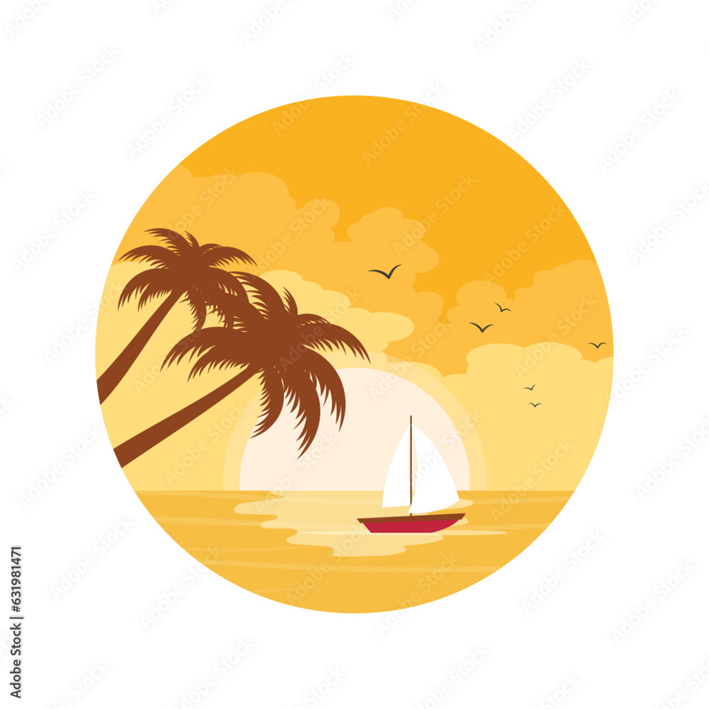 Sunset background with palm silhouettes and boat
