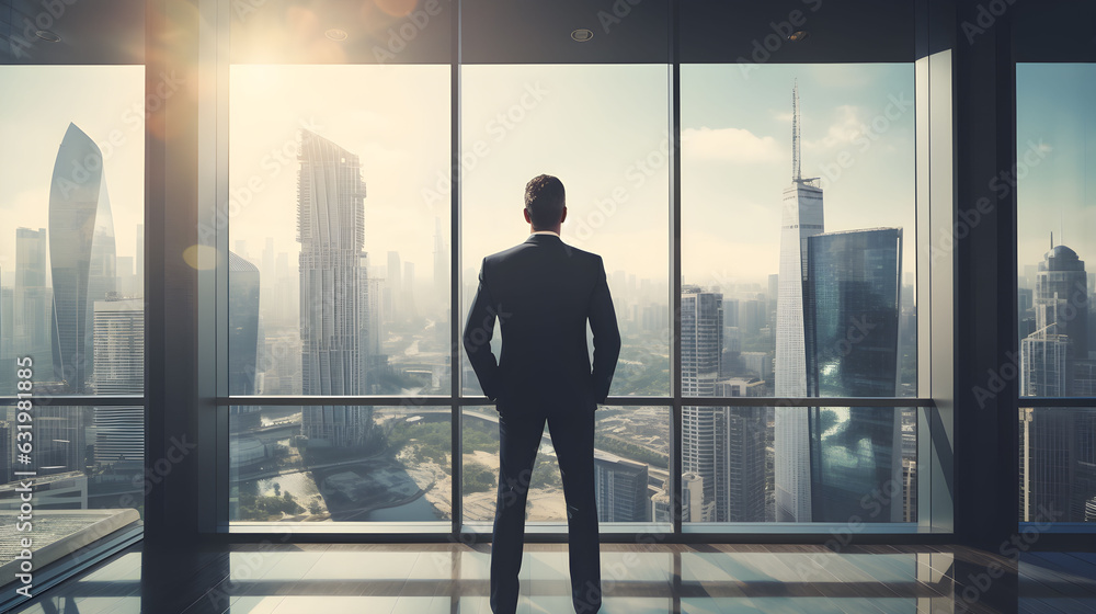 businessman suit standing looks out of a window at a cityscape businessman suit standing looks out of a window at a cityscape