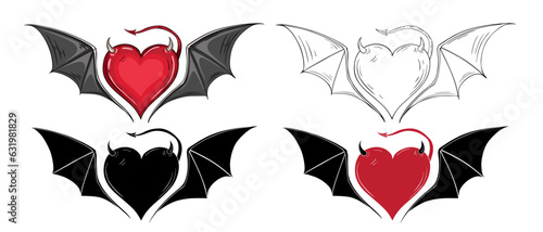 Red heart with devilish wings and tail. Horns on the head in four variants