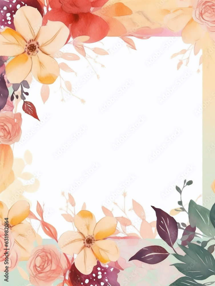 Watercolor style wildflowers and leaves frame on white background. Created with Generative AI technology