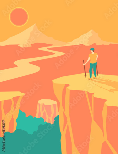vector Hiker stands on the cliff and looks at the view as the sun is setting background