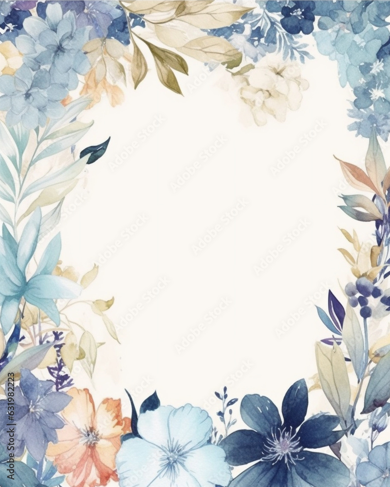 Watercolor style blue wildflowers and leaves frame on white background. Created with Generative AI technology