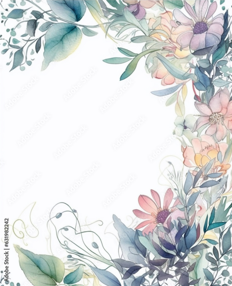 Watercolor style pastel wildflowers and leaves decor on white copy space background. Created with Generative AI technology.