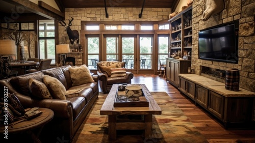 Living room decor, home interior design . Rustic Farmhouse style with Fireplace decorated with Wood and Stone material . Generative AI AIG26. photo