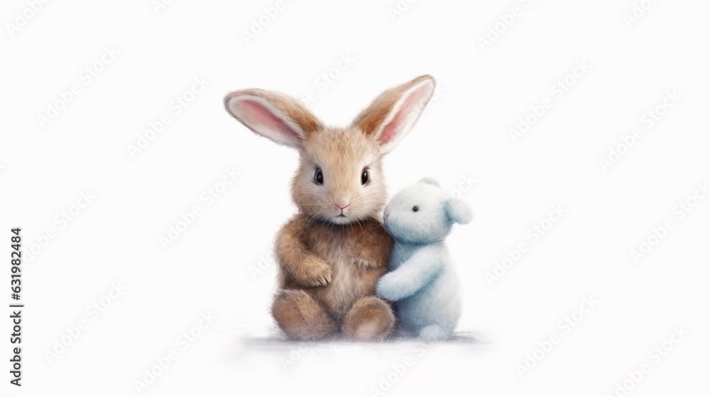 Fototapeta premium a painting of a bunny hugging a stuffed animal rabbit.Generative AI