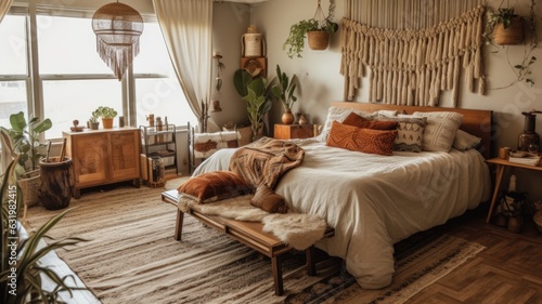 Bedroom decor, home interior design . Mid-Century Modern Bohemian style with Gallery Wall decorated with Wood and Textile material . Generative AI AIG26. photo