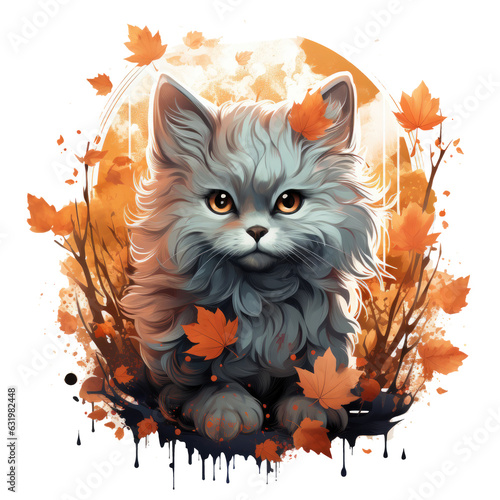An enchanting persian cat Halloween day t-shirt design, featuring a cat as a magical forest guardian, Generative Ai © Creative Artist