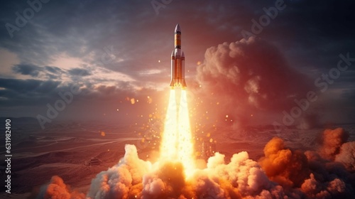 A rocket taking off from Earth with flames coming gena.Generative AI