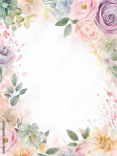 Watercolor style soft pink wildflowers and leaves frame on white background. Created with Generative AI technology