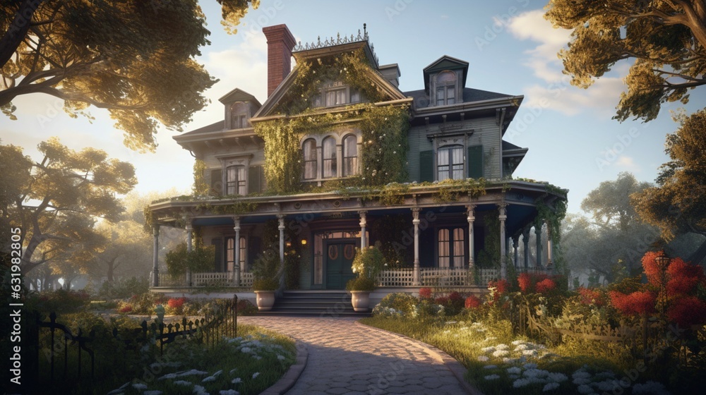 A Victorian mansion with a wrap around porch and sta.Generative AI