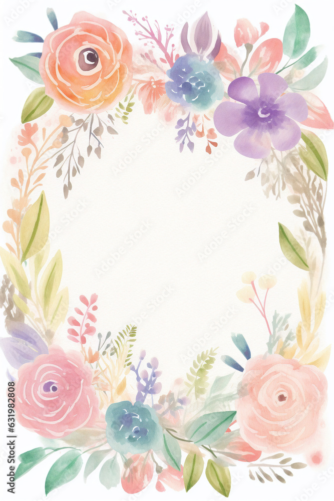 Watercolor style delicate wreath on white background. Including wildflowers, leaves, and berries. Created with Generative AI technology