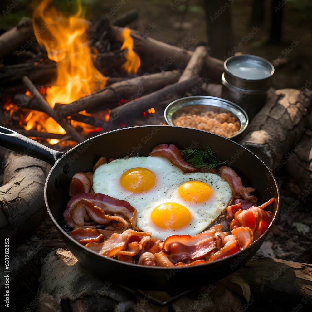 Sizzling Delights: A Campfire Breakfast Grill Up in the Wilderness. Sizzling Delights: A Campfire Breakfast Grill Up in the Wilderness.