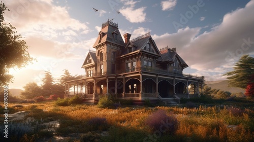 A Victorian mansion with a wrap around porch and sta.Generative AI