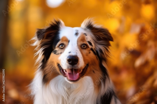 Dog, Happy Australian Shepherd portrait on autumn tree backdrop. Close up of Joyful Australian Shepherd among autumn leaves in the park, generative AI