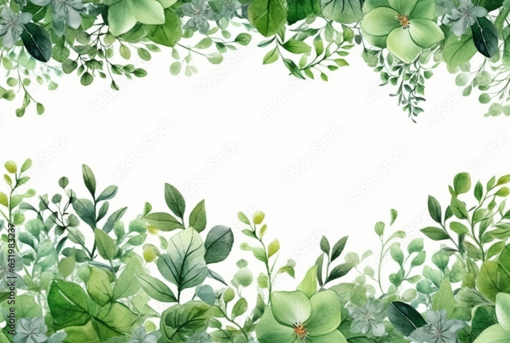 seamless watercolor floral border with green leaves on white background. generative ai