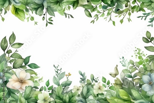 seamless watercolor floral border with green leaves on white background. generative ai