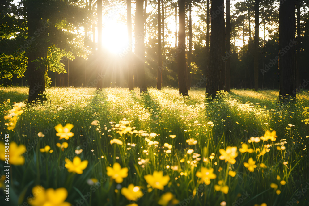 Obraz premium spring in the forest with trees and flowers 