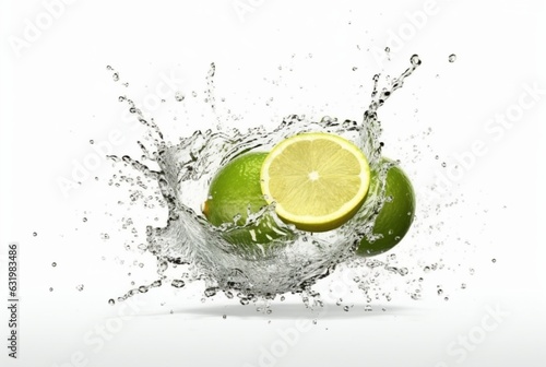 Lime with water splash isolated on white background. generative ai