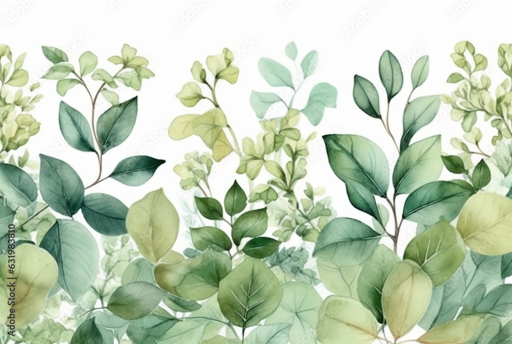 seamless watercolor floral border with green leaves on white background. generative ai - obrazy, fototapety, plakaty 