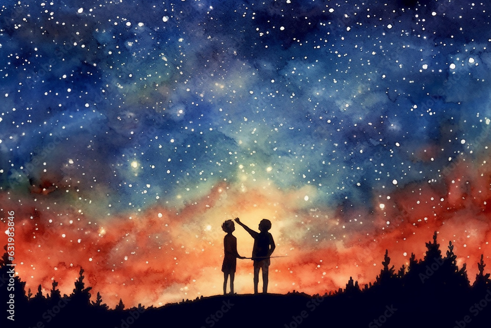 water color drawing of a Two people stargazing and pointing 