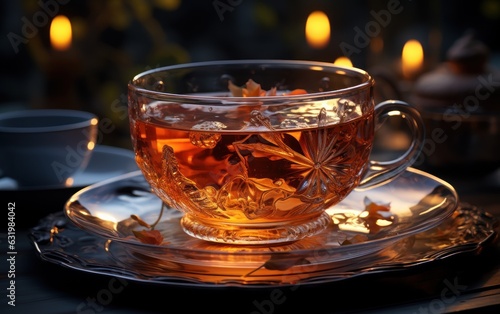 Cup of tea or glass cup of hot aromatic tea