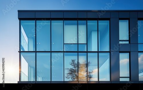 Graphite facade and large windows on a fragment of an office building against a blue sky