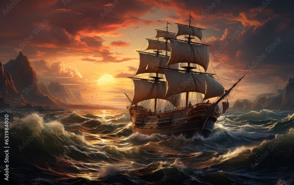 Fototapeta premium Pirate ship in sea.