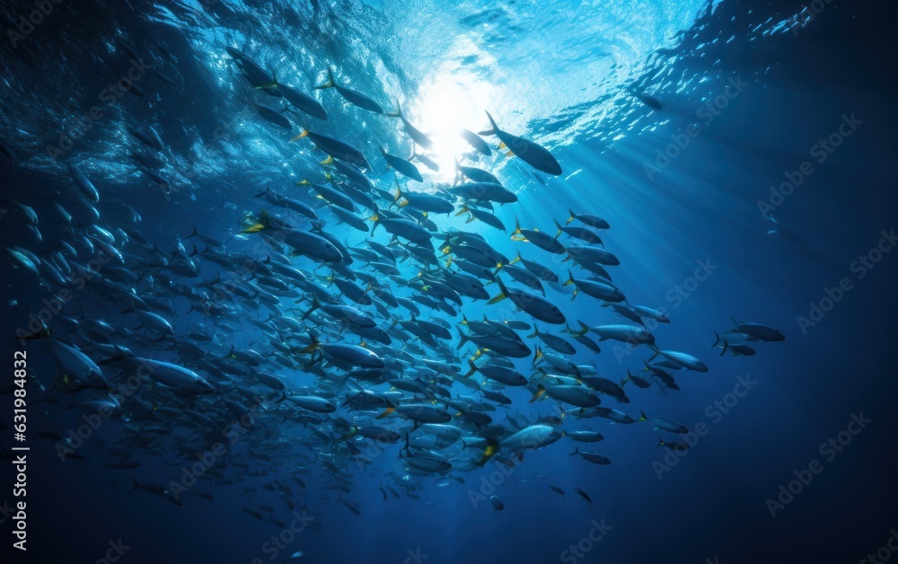 Fototapeta premium School of fish swimming under water of sea.