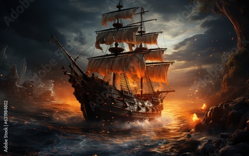 Pirate ship in sea.