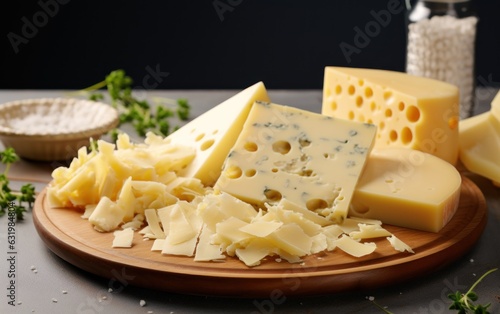 Plate and board with pieces of Swiss cheese on white table.