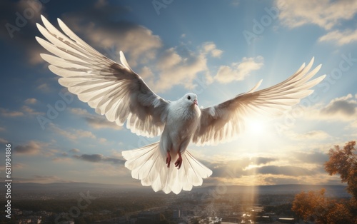Spirit of god background banner panorama - White dove with wings wide open in the blue sky.